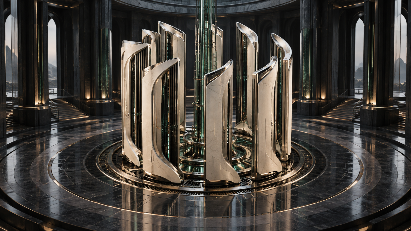 Original TETHRION Helix Atrium concept, a spiral of ceramic and platinum computation blades