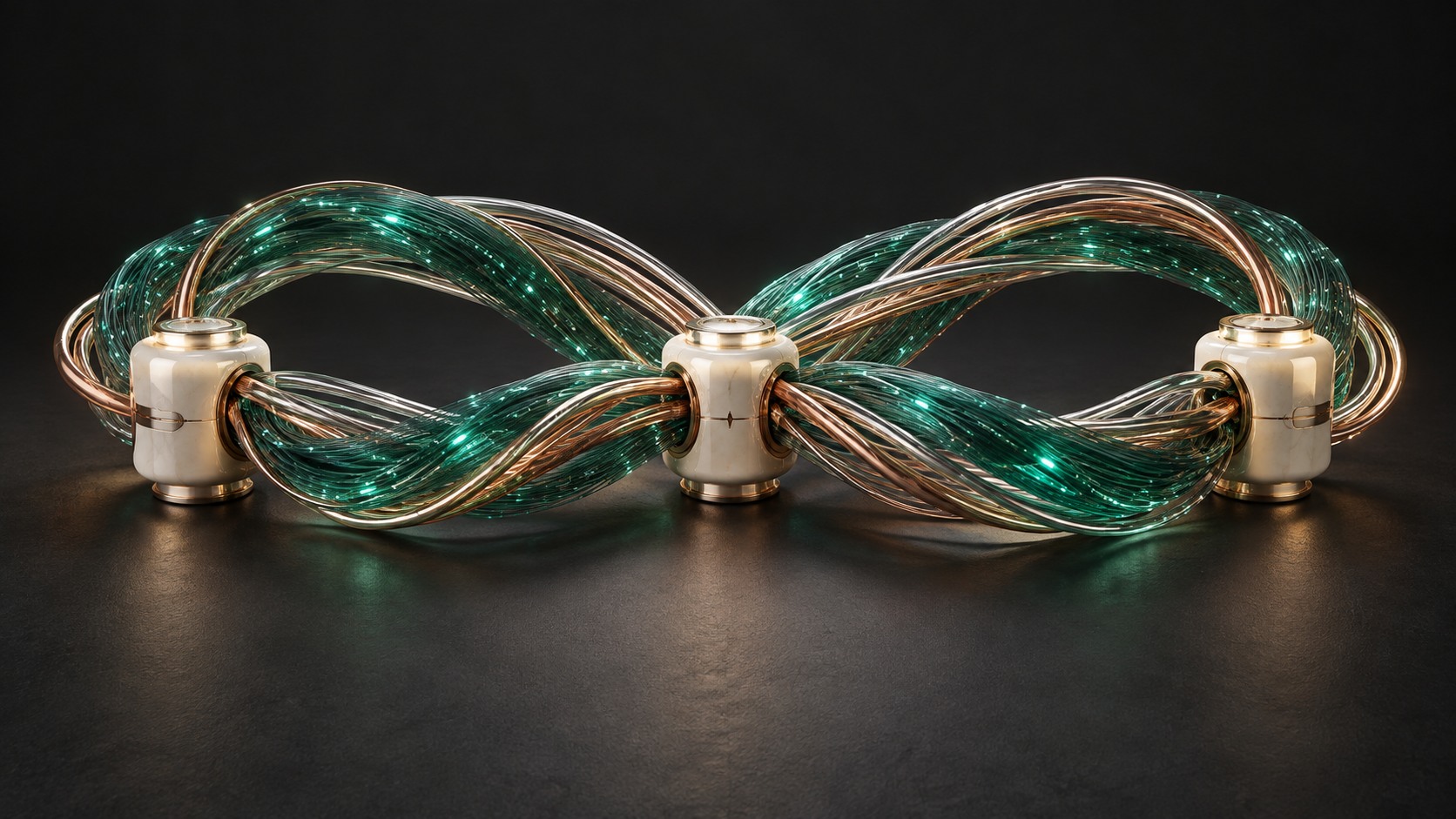 Original TETHRION sculpture of three interwoven optical connection loops